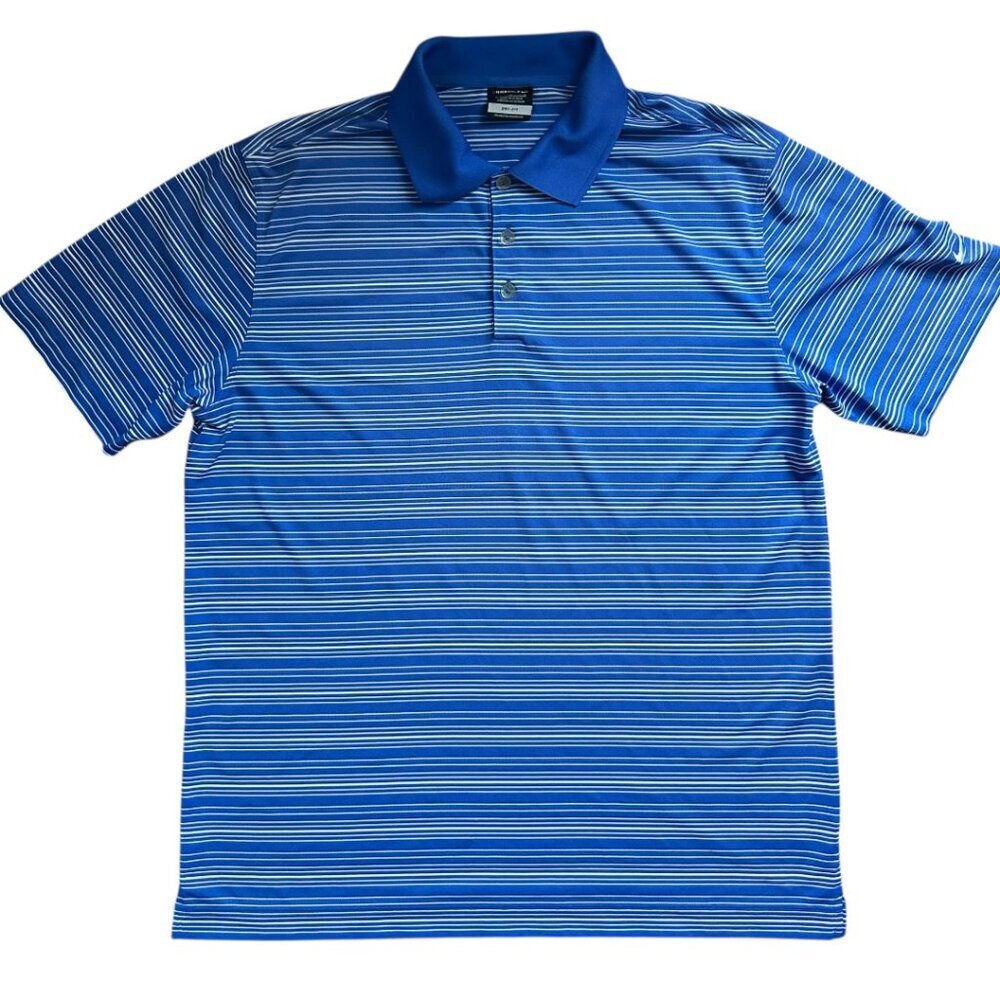 Nike Men's Blue and White Dri-Fit Golf Polo Size Large